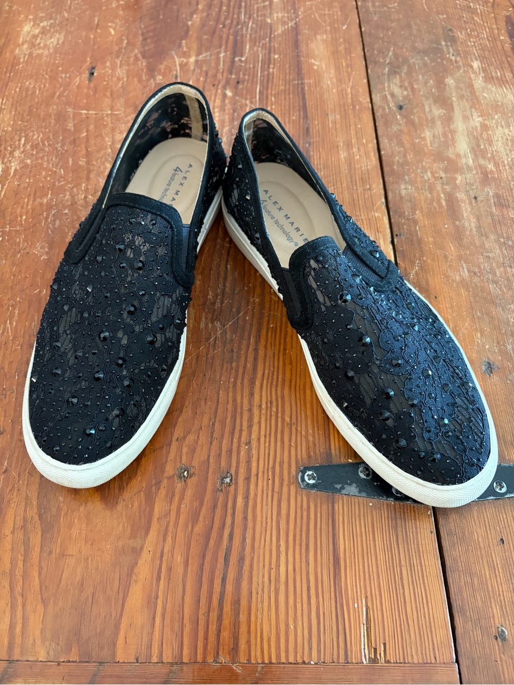 Alex Marie Black Lace Slip-On Sneakers with White Sole